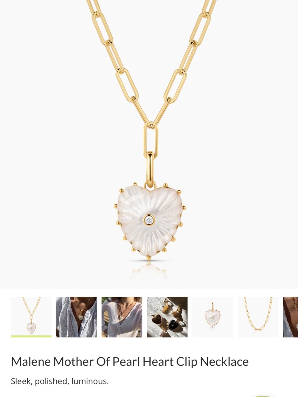 Mother of Pearl Heart Pendant Necklace in Gold - White